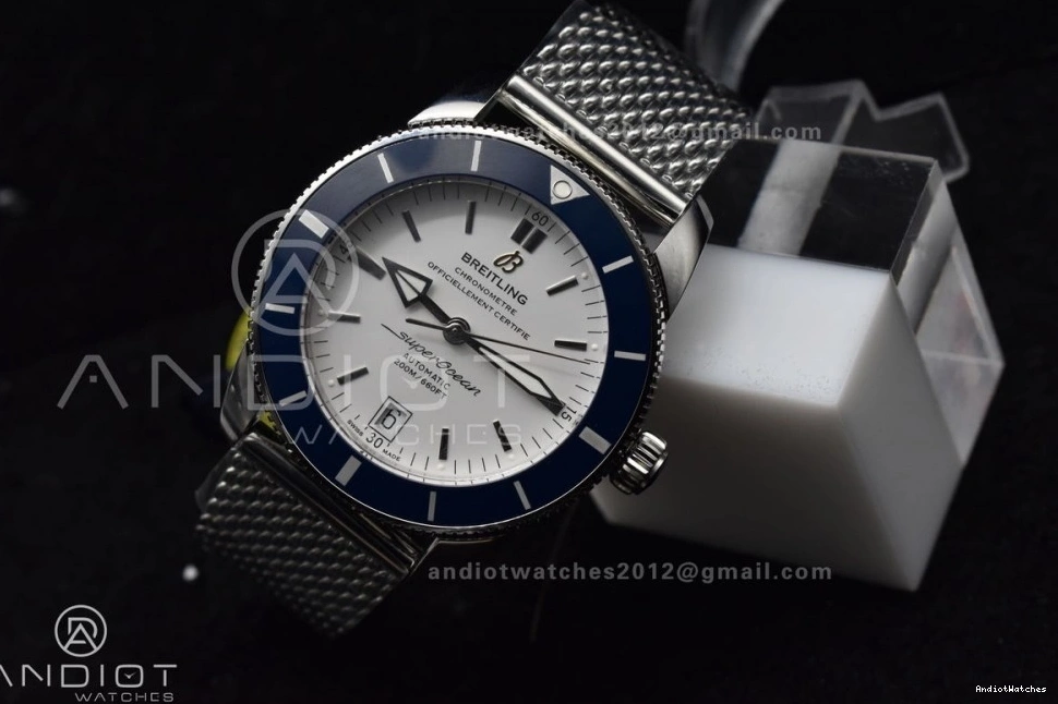 SS Mesh on Blue 42mm II White SS SuperOcean Bezel A BLSF Bracelet Soft Dial 1186 Ceramic Heritage 0715